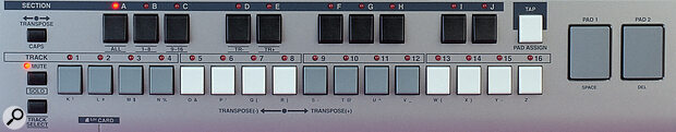 The mini‑keys also act as track mutes and note input buttons for analogue‑style step sequencing. The two pads on the right are ideal for drum programming.